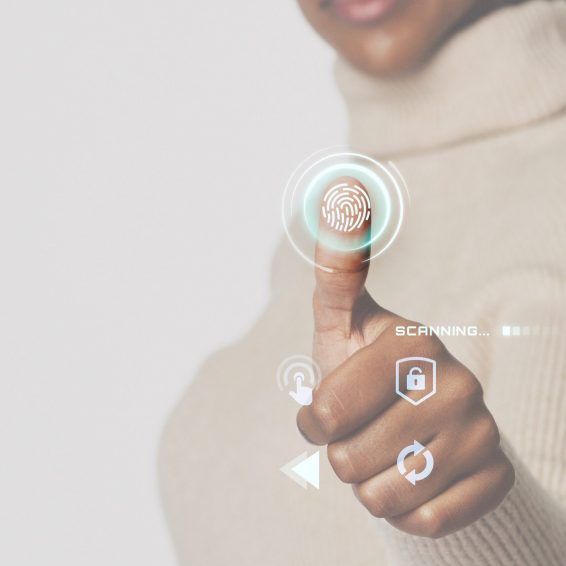 Woman scanning fingerprint with futuristic interface smart technology